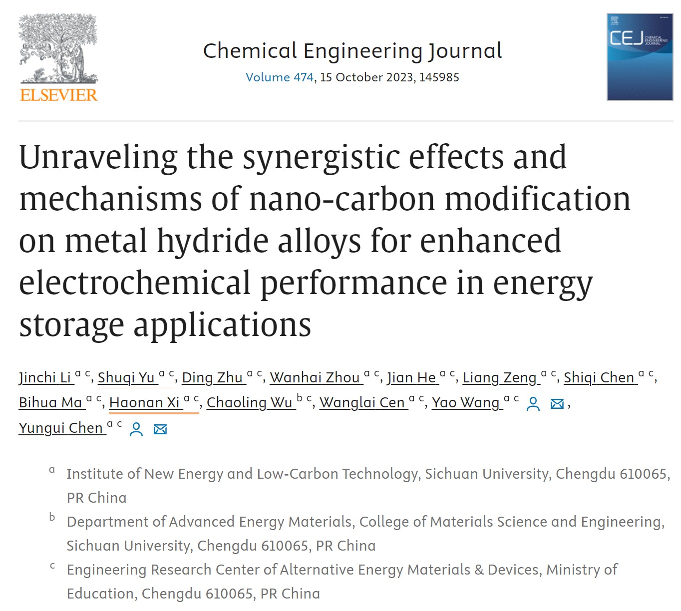 我院陈云贵，王尧团队在Chemical Engineering Journal发表文章